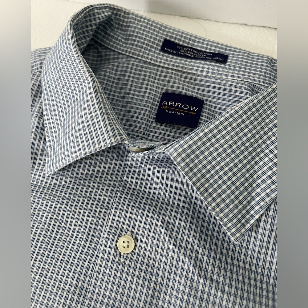 Arrow Men's Short Sleeve Button Down Shirt Blue Gingham Size 15